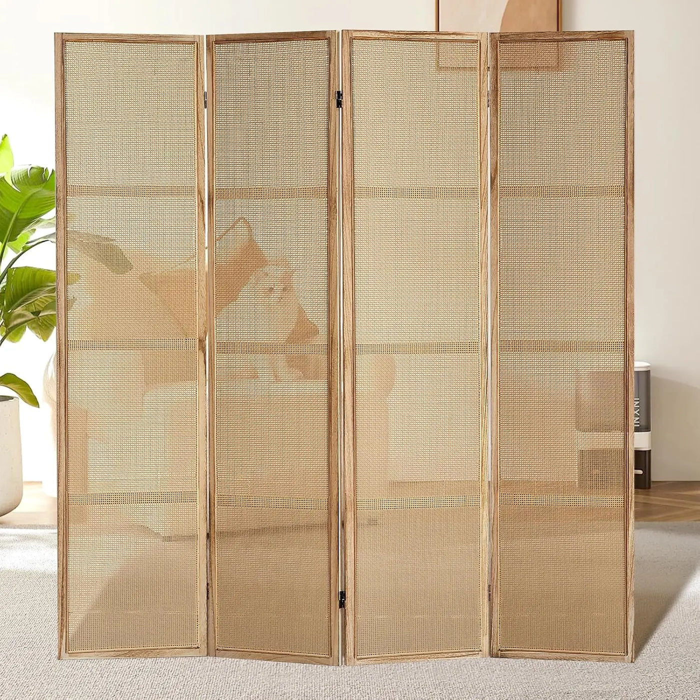 6 Panel Room Divider Wall, 5.6 Ft Tall Rattan Room Divider, Foldable Wood Room Divider, Folding Privacy Screens, Freestanding