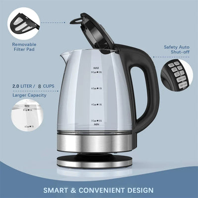 DEVISIB Electric Kettle Temperature Control 4Hours Keep Warm 2L Glass Tea Kettle 2200W Water Boiler LED Indicator Auto Shut-Off