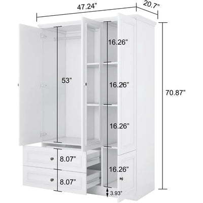 Wardrobe Closet Wooden with 3 Doors, Hanging Rods, 2 Drawers, Mirror Large Capacity Large Wardrobe Closet for Bedroom