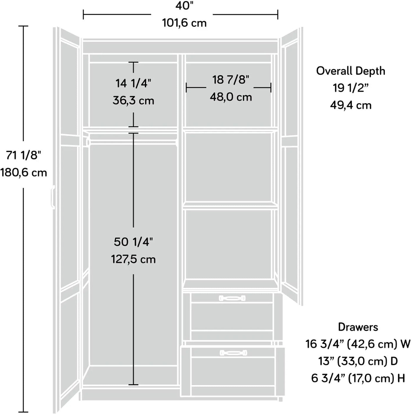 Miscellaneous Wardrobe/Storage Pantry Cabinet, L: 40.0" x W: 19.45" x H: 71.1", Soft White