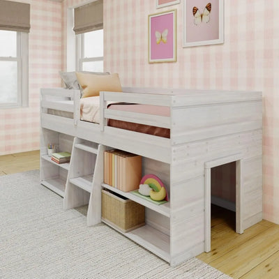 Modern Farmhouse Low Loft Bed, Twin Bed Frame for Kids with 2 Bookcases, Easy To Assembly, Bedroom Furniture Children Beds