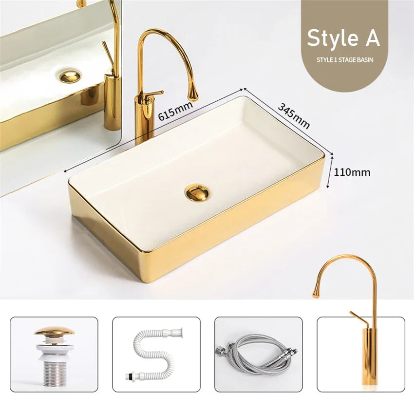 Modern Minimalist Gold Ceramic Tabletop Basin European Style Household Washbasin Basin Square Light Luxury Bathroom Wash Basins