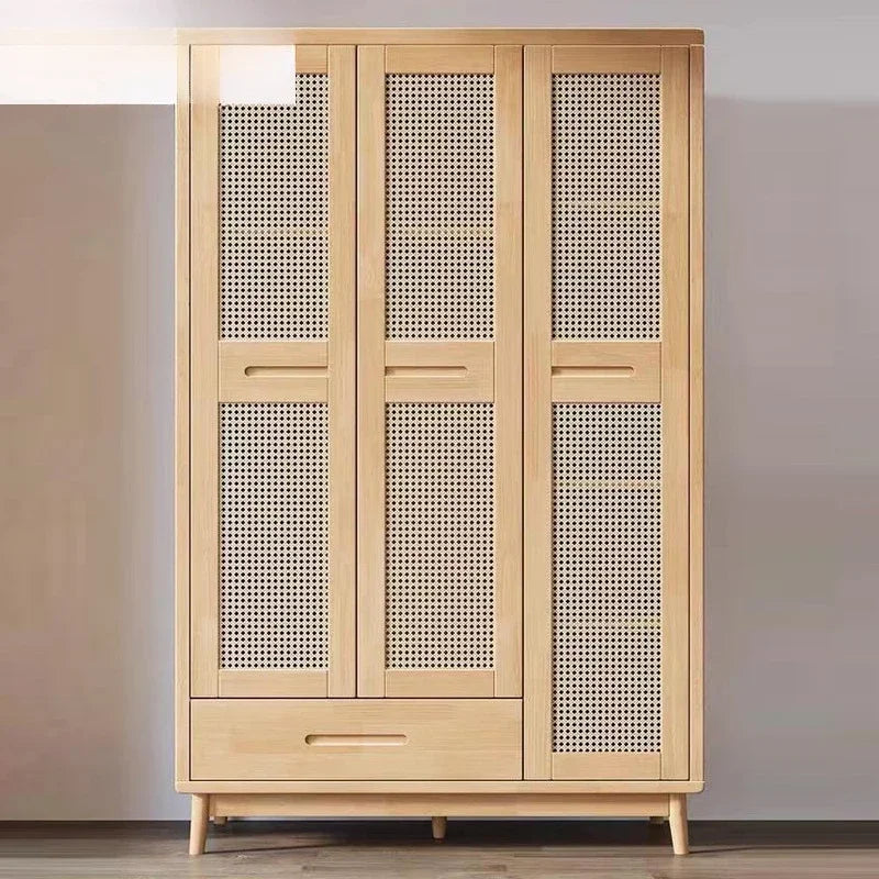 Solid wood rattan door wardrobe bedroom combination cabinet storage locker