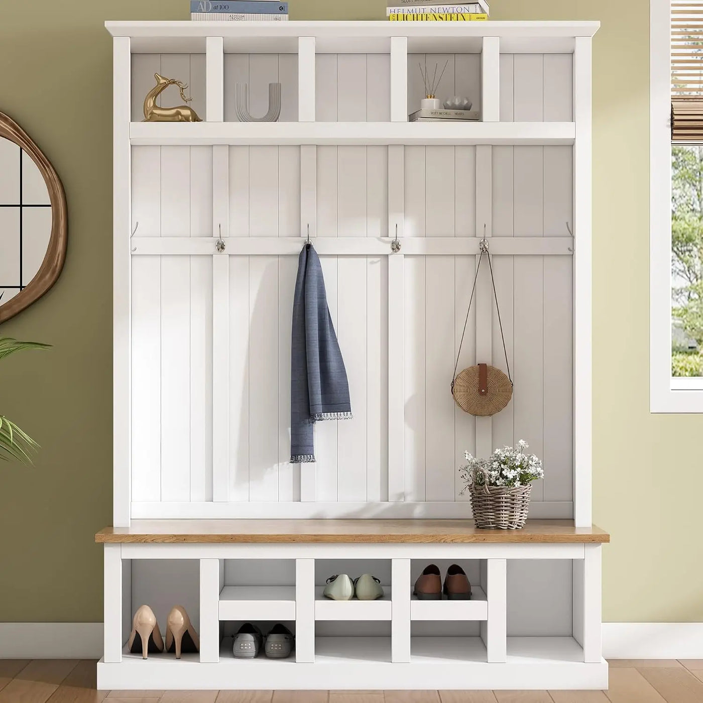 Coat Rack with Storage Bench, Shoe Cabinet with Cube Storage & Shelves, Hall Tree with 8 Hooks for Entryways, Clothes Racks