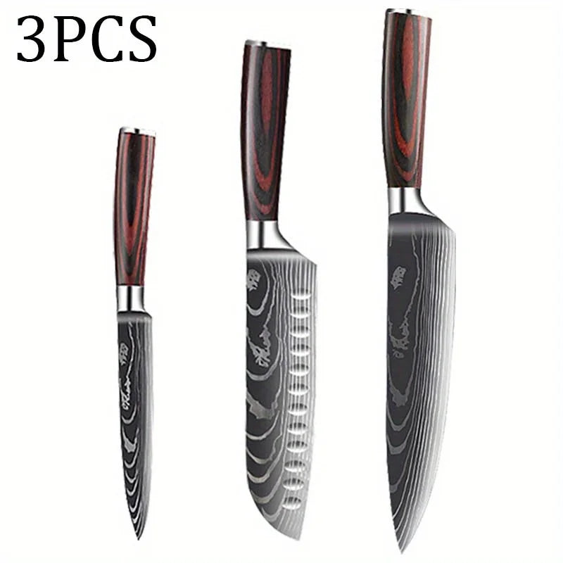 Kitchen Chef Knife Set,High Carbon Stainless Steel Damascus Drawing Gyuto Cleaver Set Slicer Santoku Chef Knife Kitchen Scissors