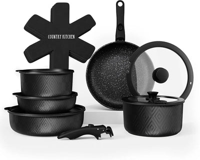 Cookware Set with Removable Handle, Oven & RV Safe Pots and Pans Set, Black/Grey Wood Handle