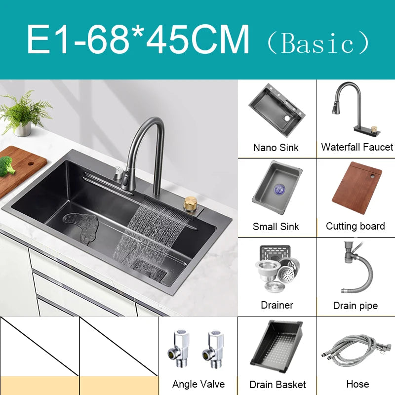 Multifunction Black Nano Kitchen Sink Waterfall Faucet Large Single Bowl Cup Washer Pure Tap Soap Dispenser 304 Stainless Steel