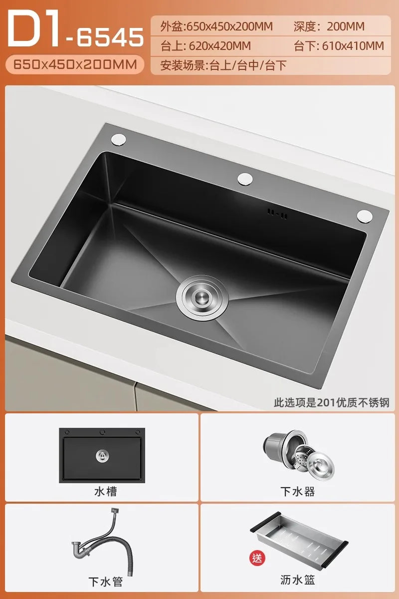 Stainless steel black sink, large single sink, hand-thickened kitchen under-counter basin, vegetable basin, dishwasher