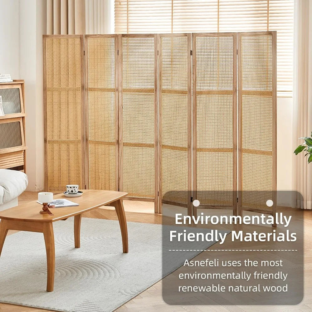 6 Panel Room Divider Wall, 5.6 Ft Tall Rattan Room Divider, Foldable Wood Room Divider, Folding Privacy Screens, Freestanding