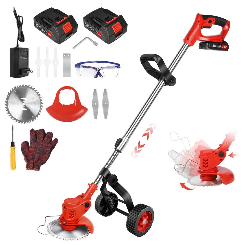 Powsawer Electric Weed Whacker Portable Brush Cutter Mower Cordless Grass String Trimmer Cutter with Wheels 2 Battery 24V 6 inch