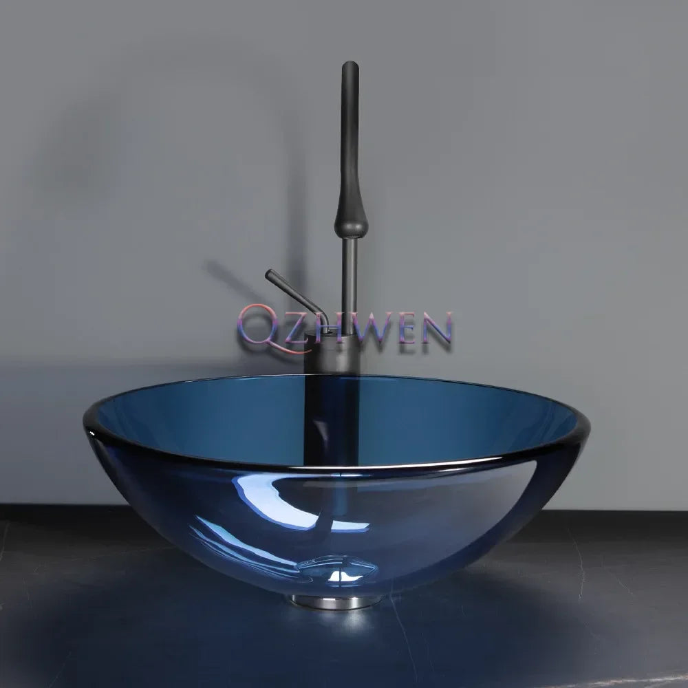 42cm Round Tempered Glass Sink Blue Bathroom Washbasin Hotel Balcony Countertop Art Basin Transparent Bowl Basin With Drain Sets