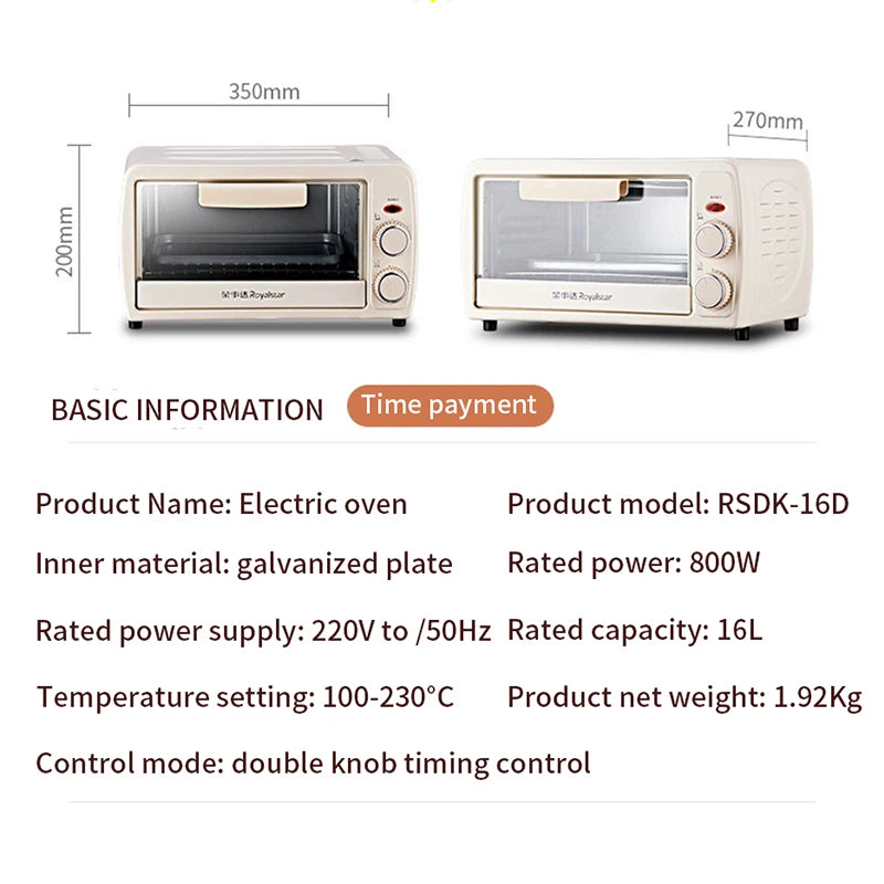 RoyalStar Electric Oven household mini oven 16L multi-function baking small oven large capacity small oven