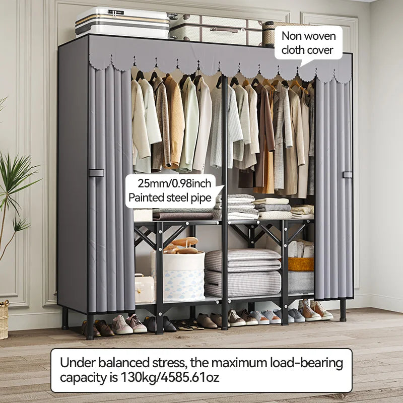 Foldable base unfolded and ready to use wardrobe; A large capacity wardrobe with a stable and durable steel pipe frame