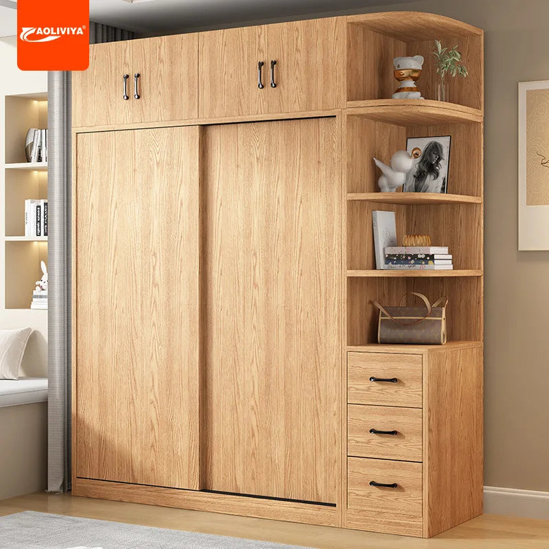 AOLIVIYA Wardrobe Household Bedroom Sliding Door Solid Wood Wardrobe Log Small Apartment Sliding Door Storage Cabinet Rental