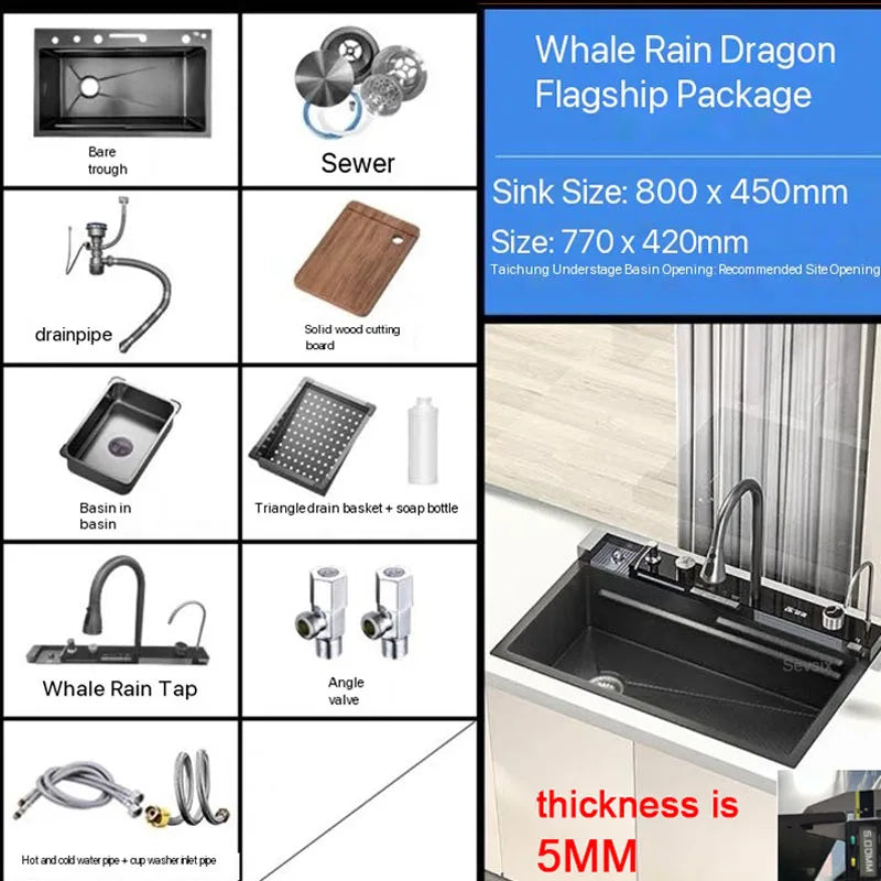 Stainless Steel Kitchen Sink with Faucet Digital Display Large Single Bowl Waterfall Rain 5 Functions System Dish Basin Sink