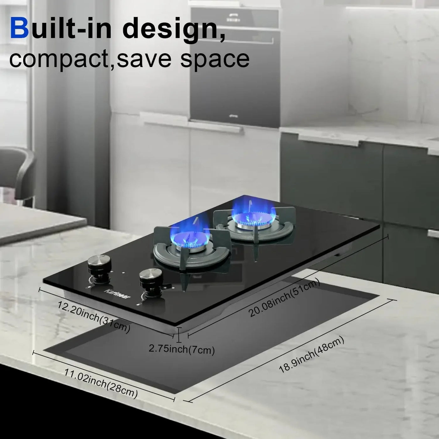 Gas Cooktop 2 Burner Propane Cooktop, 12 Inch LPG/NG Dual Fuel Gas Stove Top, Built-in Tempered Glass Gas Cooktop for Apartment,