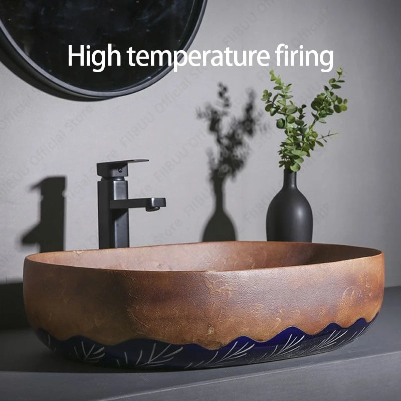 Ceramic Table Sink Bathroom Balcony Lavatory Vanity Sink Above Counter Wash Basin Countertop Vessel Sink Brown Art Basin Bowl