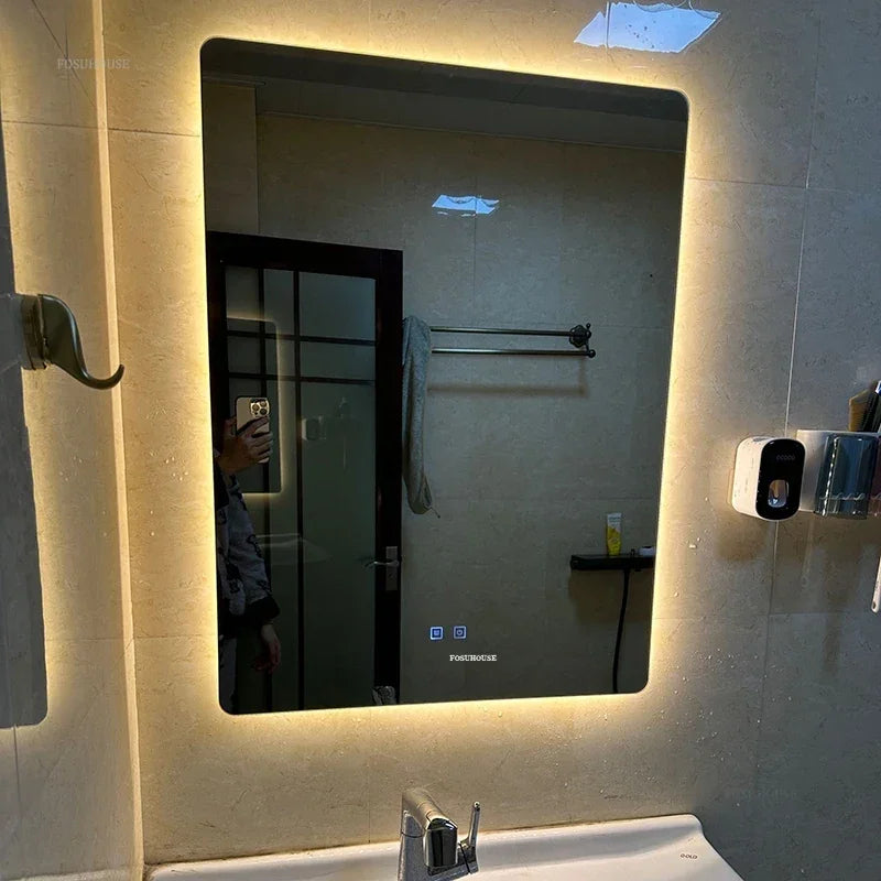 Smart Bath Mirrors Square Touch Screen Bathroom Mirror Home Wall-mounted Lighted Anti-fog Makeup Mirrors Bathroom Fixture Z