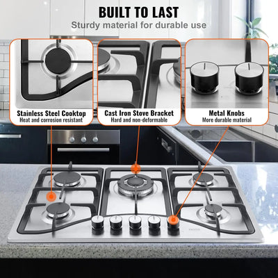 30-inch Gas Cooktop, 5 Burners Built-in Gas Stove Top, Convertible Stainless Steel Natural Gas Hob, wi