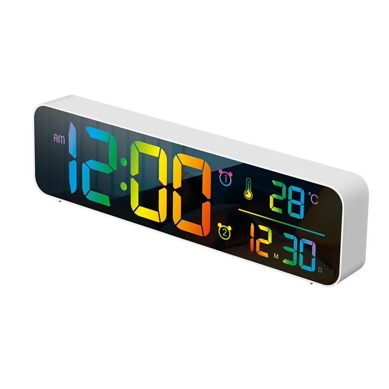 Large Music Digital Wall Clock Temperature Date 5 Level Brightness 12/24H 2 Alarms USB Powered Mirror LED Alarm Clock