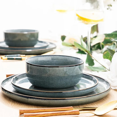 Ceramic Dinnerware Sets for 4, 12 Pieces Stoneware Plates and Bowls Sets, Reactive Glaze Dishes