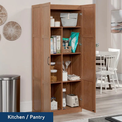 Storage cabinet, kitchen storage cabinet with adjustable shelf, highland oak