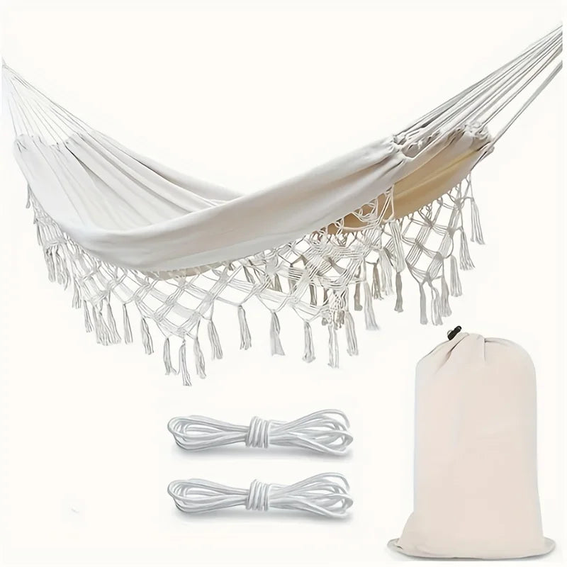 Relax in Style: Premium Cotton Canvas Hammock with Woven Tassels for Home, Bedroom, Patio, Porch, Yard, Beach