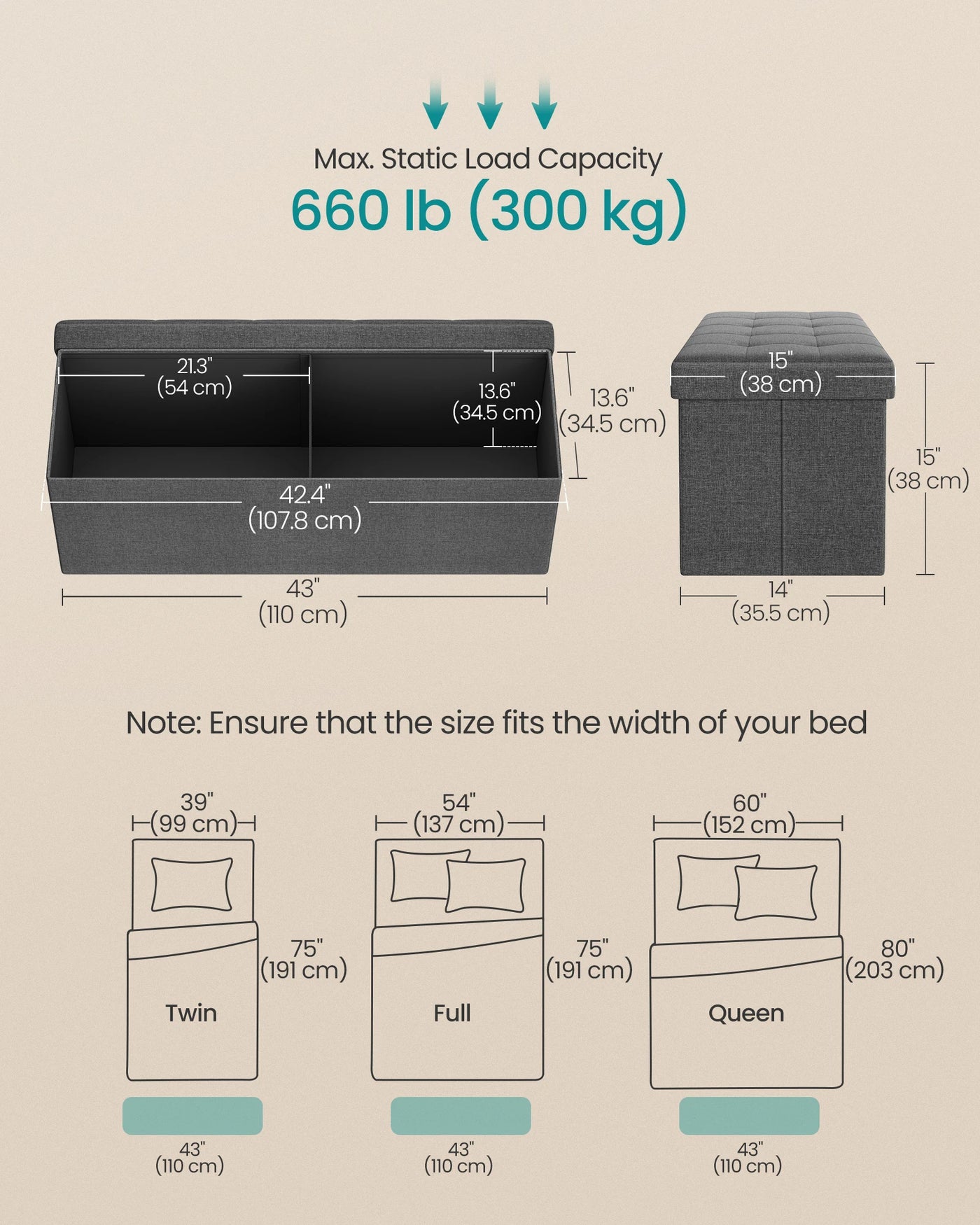 SONGMICS 43 Inches Folding Storage Ottoman Bench, Storage Chest, Foot Rest Stool, Bedroom Bench with Storage, Holds up to 660 lb