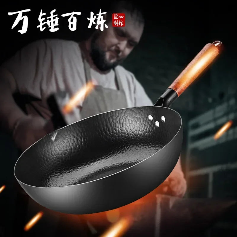 Carbon Steel Wok Pan 32cm Stir Fry Wok Set with Wooden Lid Non-Stick Flat Bottom Frying Pan for Electric Induction and Gas Stove