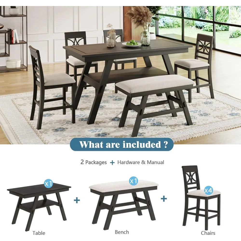 Counter Height Dining Room Table Set for 6 with Storage Farmhouse 6 Piece Kitchen Table Set with Bench, Dining Set with Shelf