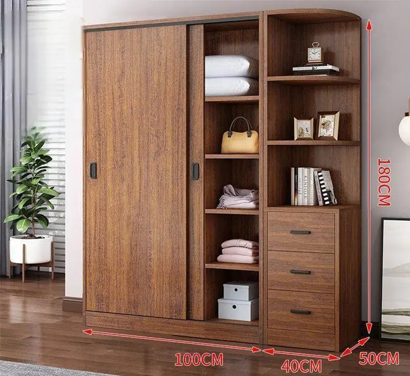 Household Bedroom Modern Simple Nordic Rental Room Simple Assembly Solid Wood Sliding Door  Large Wardrobe