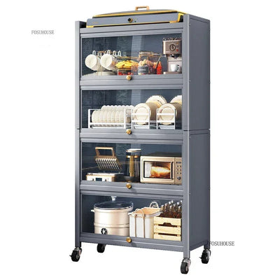 Multifunction Storage Cabinet Nordic Carbon Steel Kitchen Cabinets Home Multi-layer Microwave Oven Floor Rack with Flip Door H