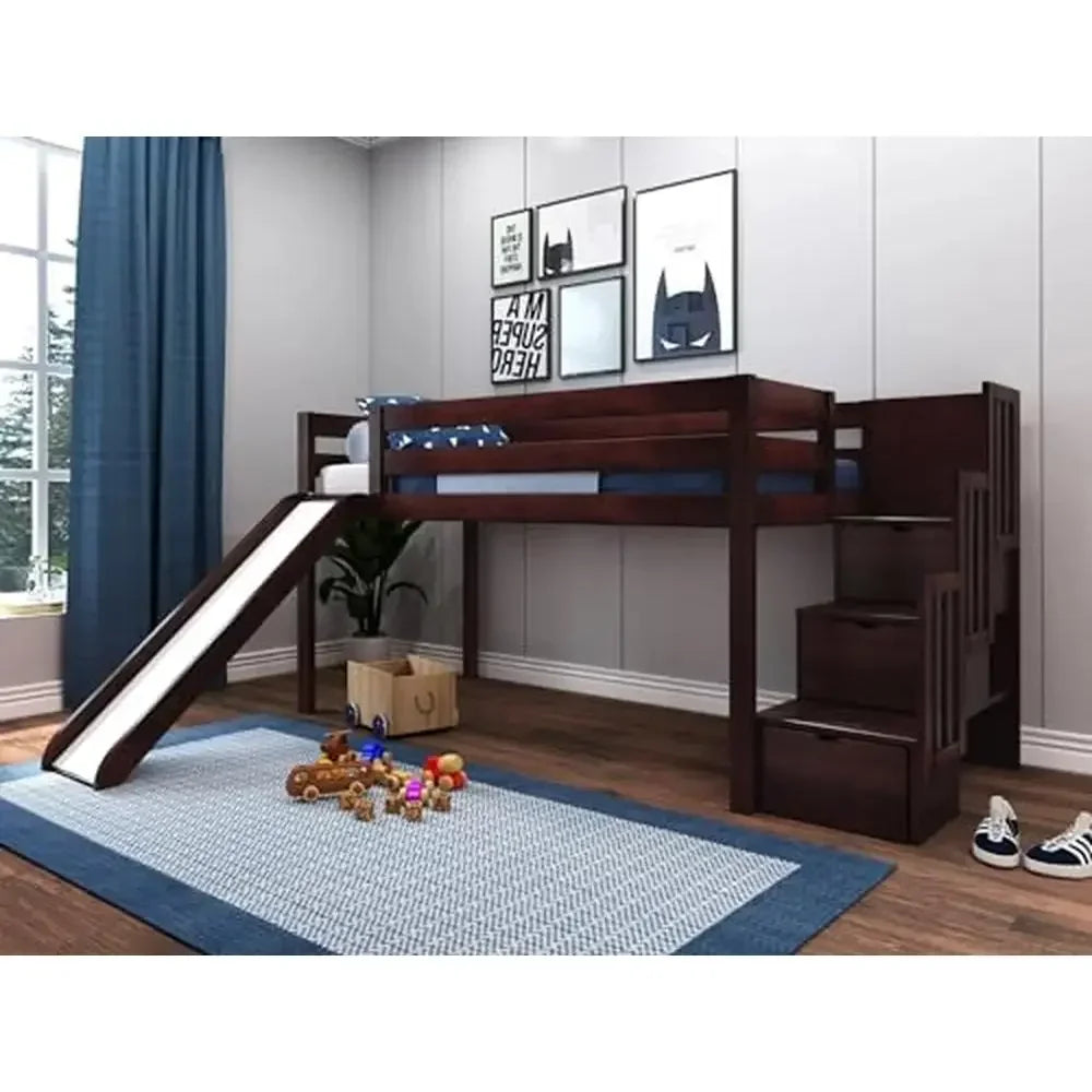 Cherry Twin Low Loft Bed with 3-Step Stairway Slide & Drawer Solid Wood Pine Children 6 Years  Assembly Tools Included No Bunkie