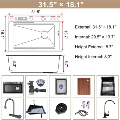 Black Kitchen Sink Twin Waterfall Kitchen Sink 31.5" Stainless Steel Single Bowl Sink with Faucet