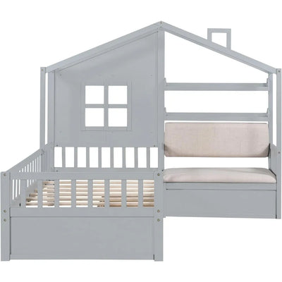 Twin Size House Bed Frame for Boys Girls Kids Adults Toddler with Sofa, Kids Platform Bed with Two Drawers and Storage Shelf