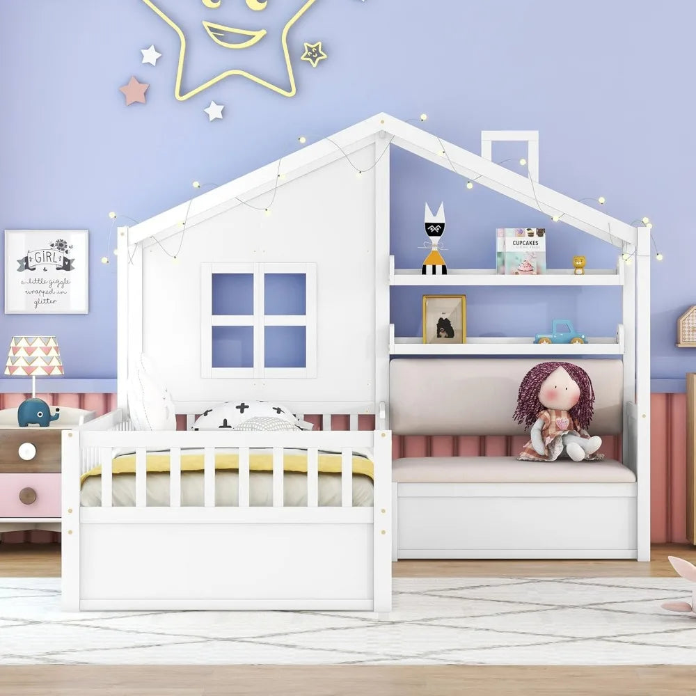 Kids Twin House Bed Frame with Upholstered Sofa and 2 Drawers, Wood Montessori Bed with Storage Shelves and Tall Rails