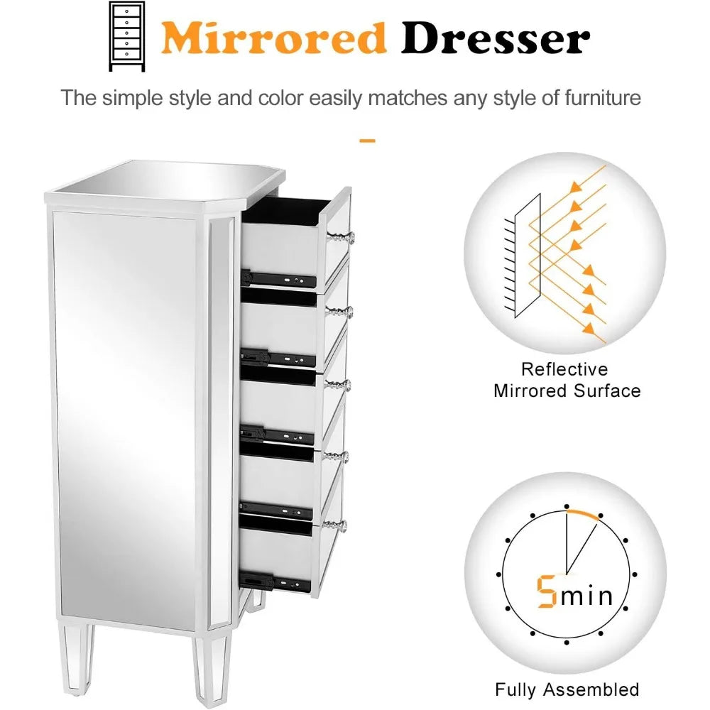 Mirrored Dresser 5 Drawers Modern Chest, Mirrored Chest of Drawers, Glass Dresser for Bedroom, Dressing Room, Living Room