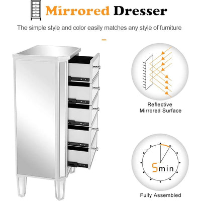 Mirrored Dresser 5 Drawers Modern Chest, Mirrored Chest of Drawers, Glass Dresser for Bedroom, Dressing Room, Living Room