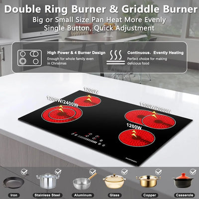 Electric Cooktop 30 inch Built-in Electric Cooktop 4 Burner Stove Top Radiant Electric Cooktop Stovetop with 9 Heating Level