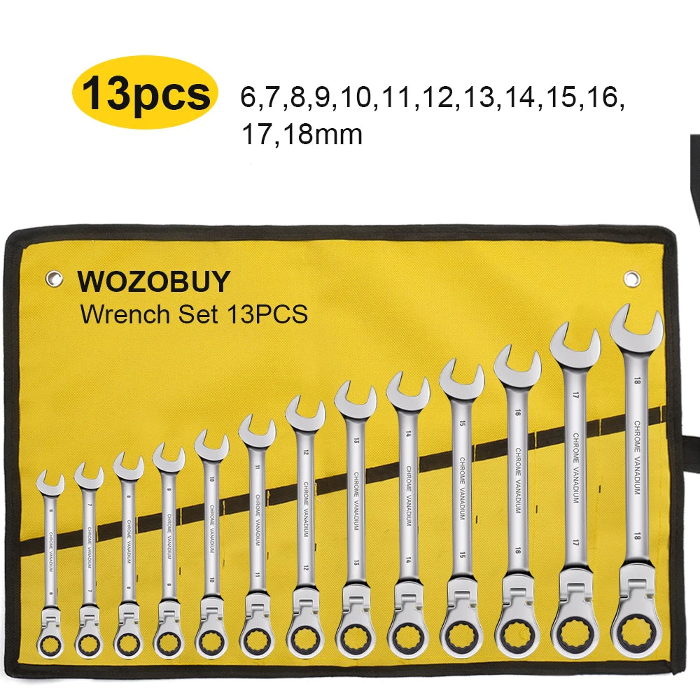 Flex Head Ratcheting Wrench Set,WOZOBUY Metric Ratchet Combination Wrenches Cr-V Gear Spanner Set Car Key Wrench Repair Tool Set