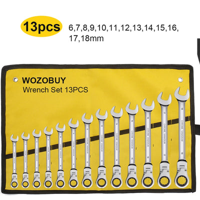 Flex Head Ratcheting Wrench Set,WOZOBUY Metric Ratchet Combination Wrenches Cr-V Gear Spanner Set Car Key Wrench Repair Tool Set