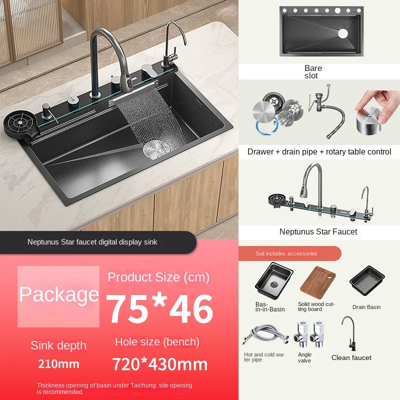 Stainless Steel Waterfall Kitchen Sink Embossed Extra Large Single Slot Intelligent Digital Display Dishwashing sink