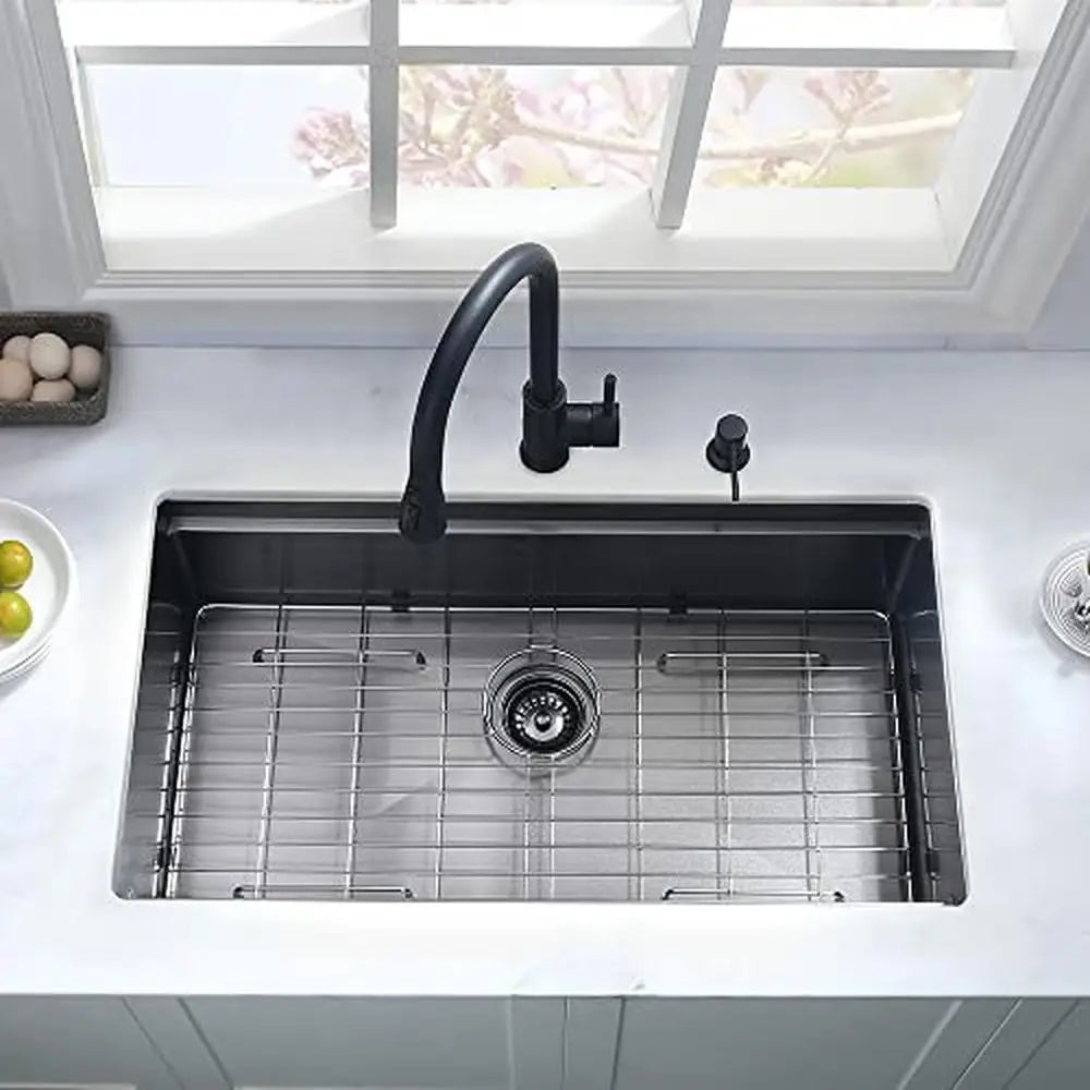 25 Inch Black Stainless Steel Undermount Kitchen Sink Workstation with X-Shape Water Guideline and R10 Corners Includes Cutting