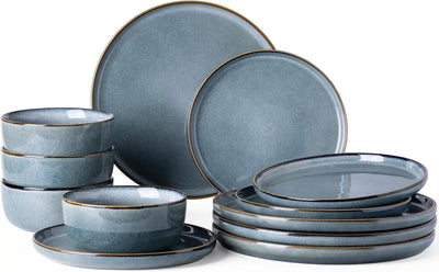 Ceramic Dinnerware Sets for 4, 12 Pieces Stoneware Plates and Bowls Sets, Reactive Glaze Dishes