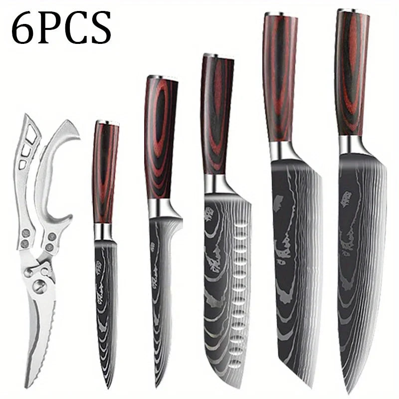 Kitchen Chef Knife Set,High Carbon Stainless Steel Damascus Drawing Gyuto Cleaver Set Slicer Santoku Chef Knife Kitchen Scissors