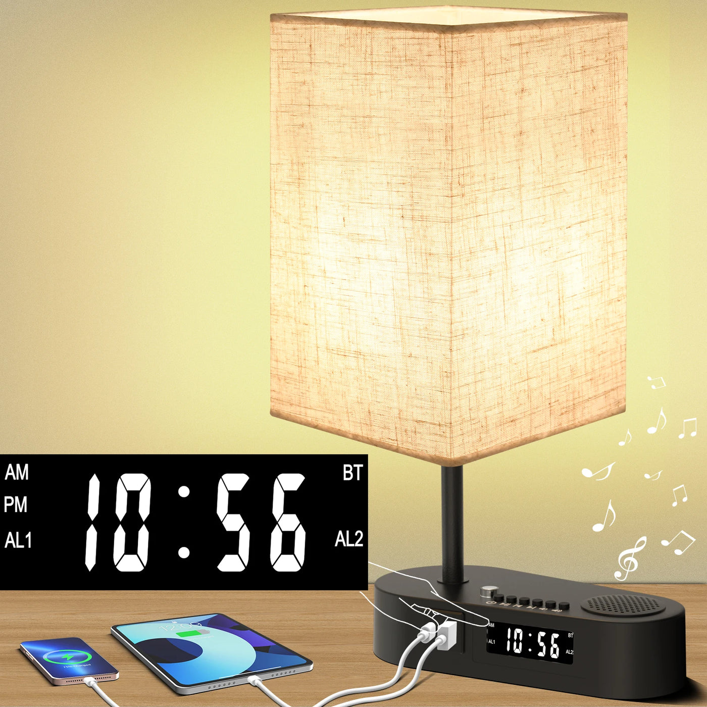 Bedside Table Lamp with Bluetooth and Alarm Clock Function Fabric Music Player Table Lamp Three Color Adjusted for Living Room