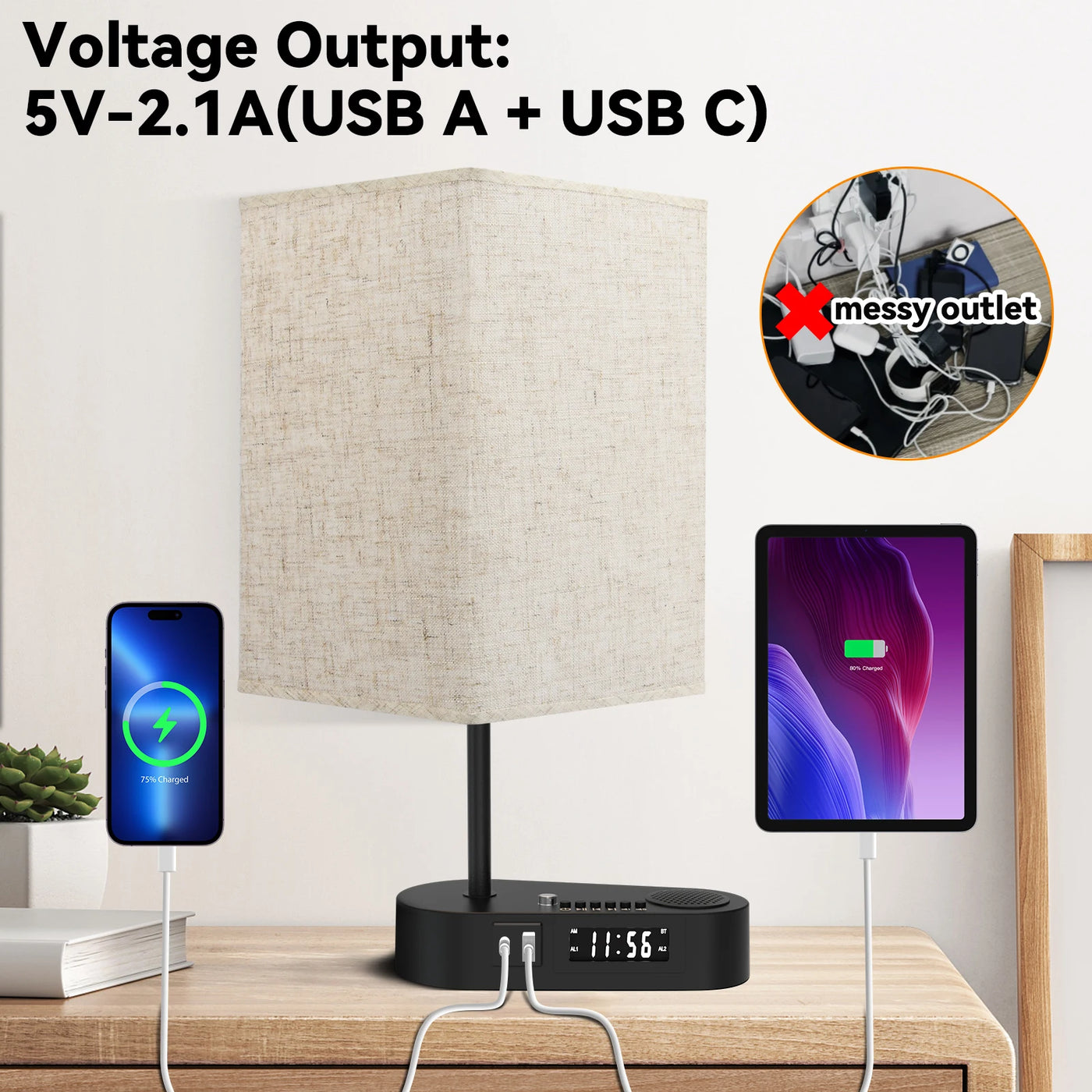 Bedside Table Lamp with Bluetooth and Alarm Clock Function Fabric Music Player Table Lamp Three Color Adjusted for Living Room