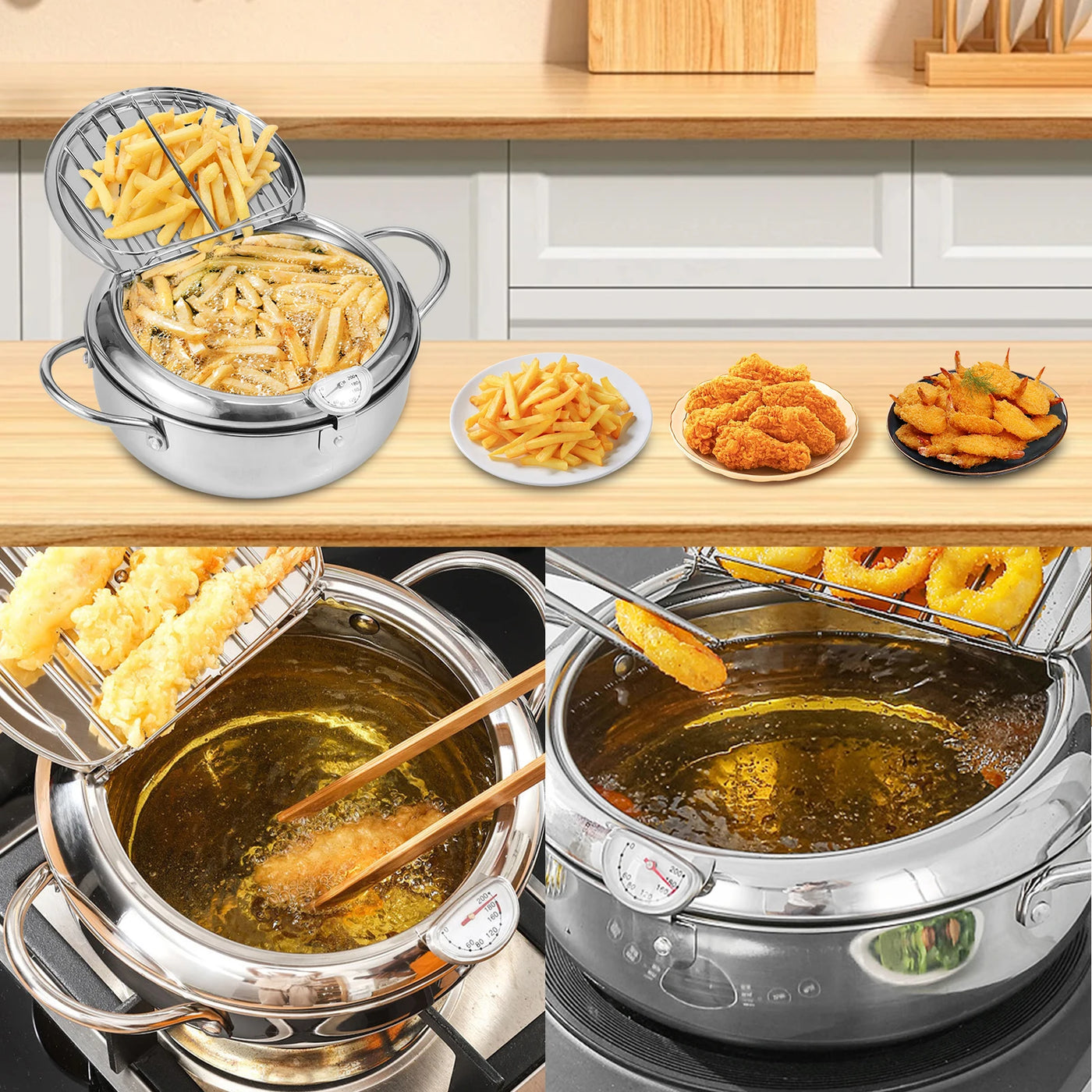 Deep Fryer Pot Stainless Steel Deep Frying Pot 3 Sizes Oil Deep Frying Oil Container With Strainer Basket And Thermometer