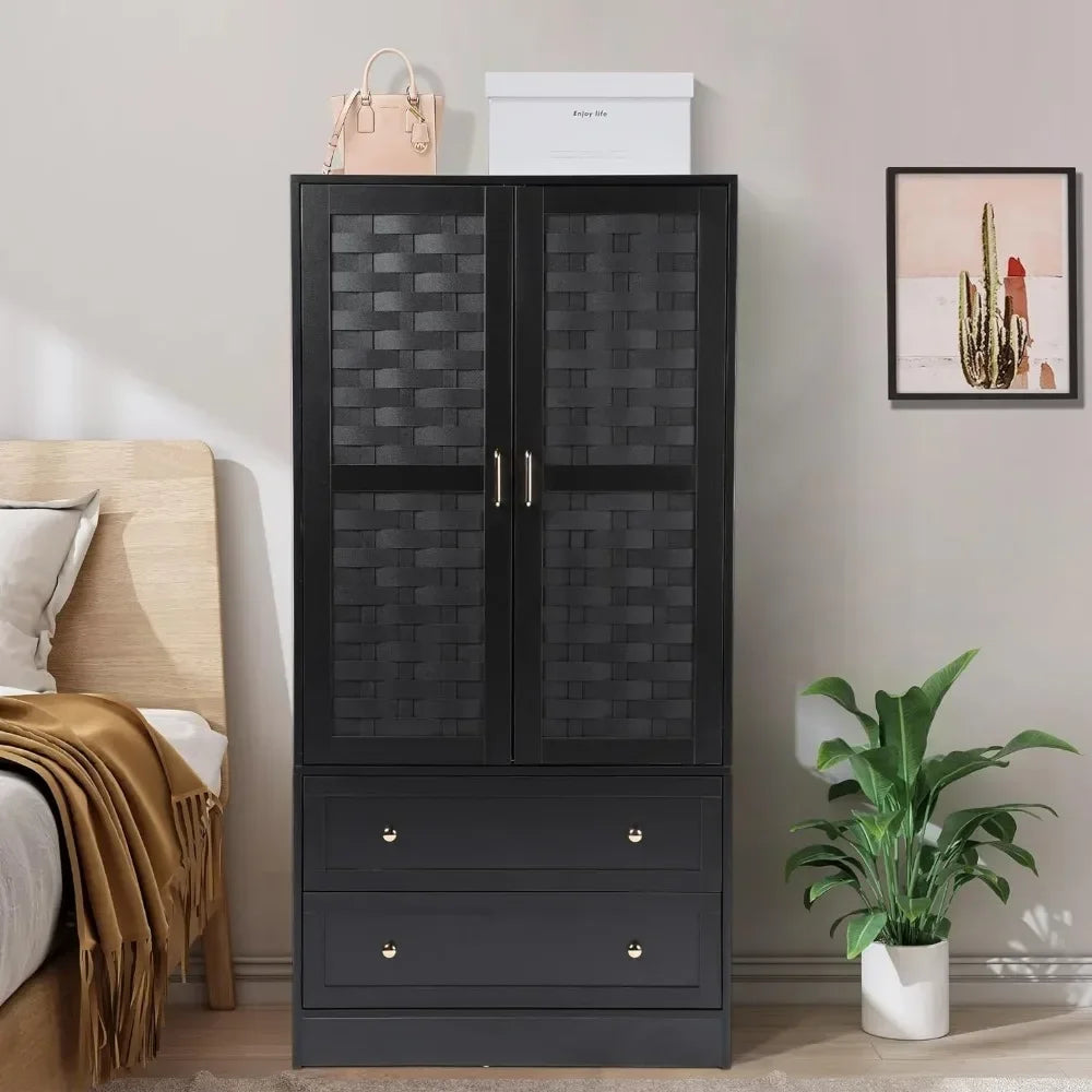 Wardrobe Cabinet With 2 Storage Drawers and Hanging Rail Bedroom Furniture Armoire Wardrobe Closet With 2 Woven Doors Coat Racks