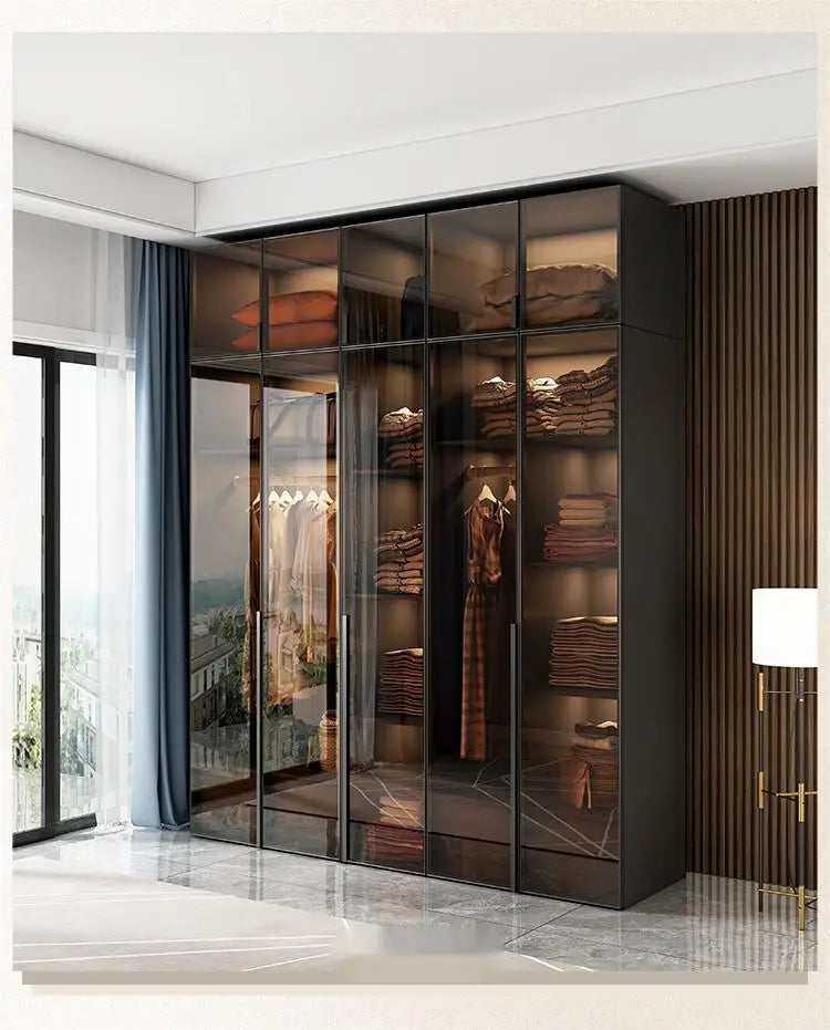 Cloakroom Furniture Clothes Storage Walk in Closet Wardrobe Black Wardrobes Cabinet Closet With Glass Door LED Lights